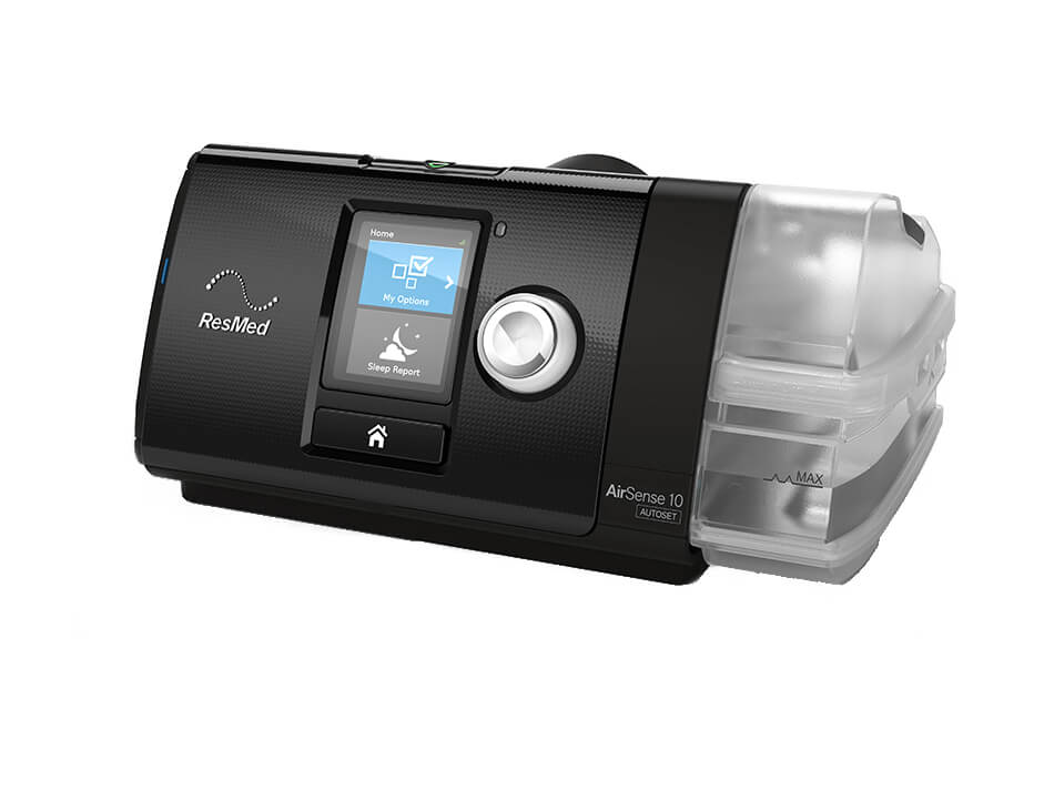 ResMed AirSense 10 AutoSet CPAP machine, angled view