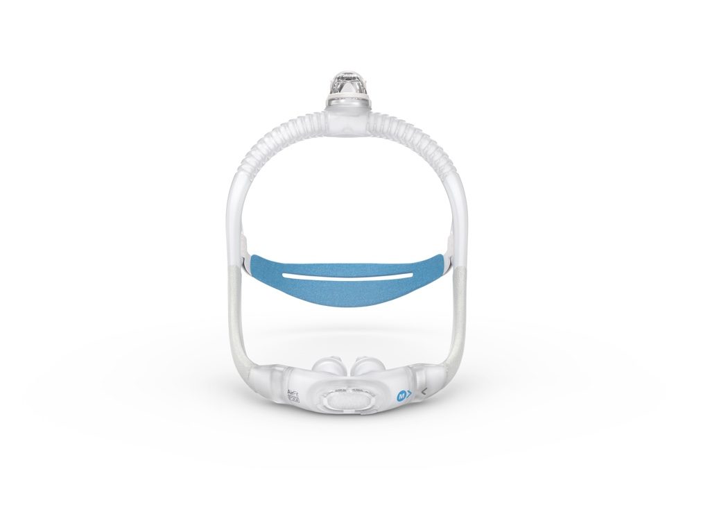 ResMed AirFit P30i nasal pillows CPAP mask with top-of-head tube | front view